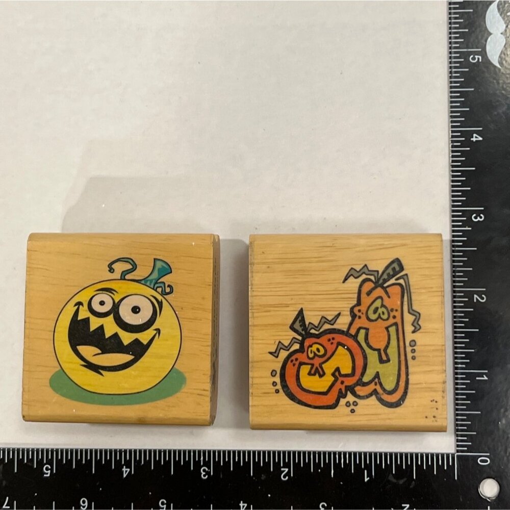 Halloween Pumpkin Wood Rubber Stamp Set Spooky Creepy Faces Canadian Maple